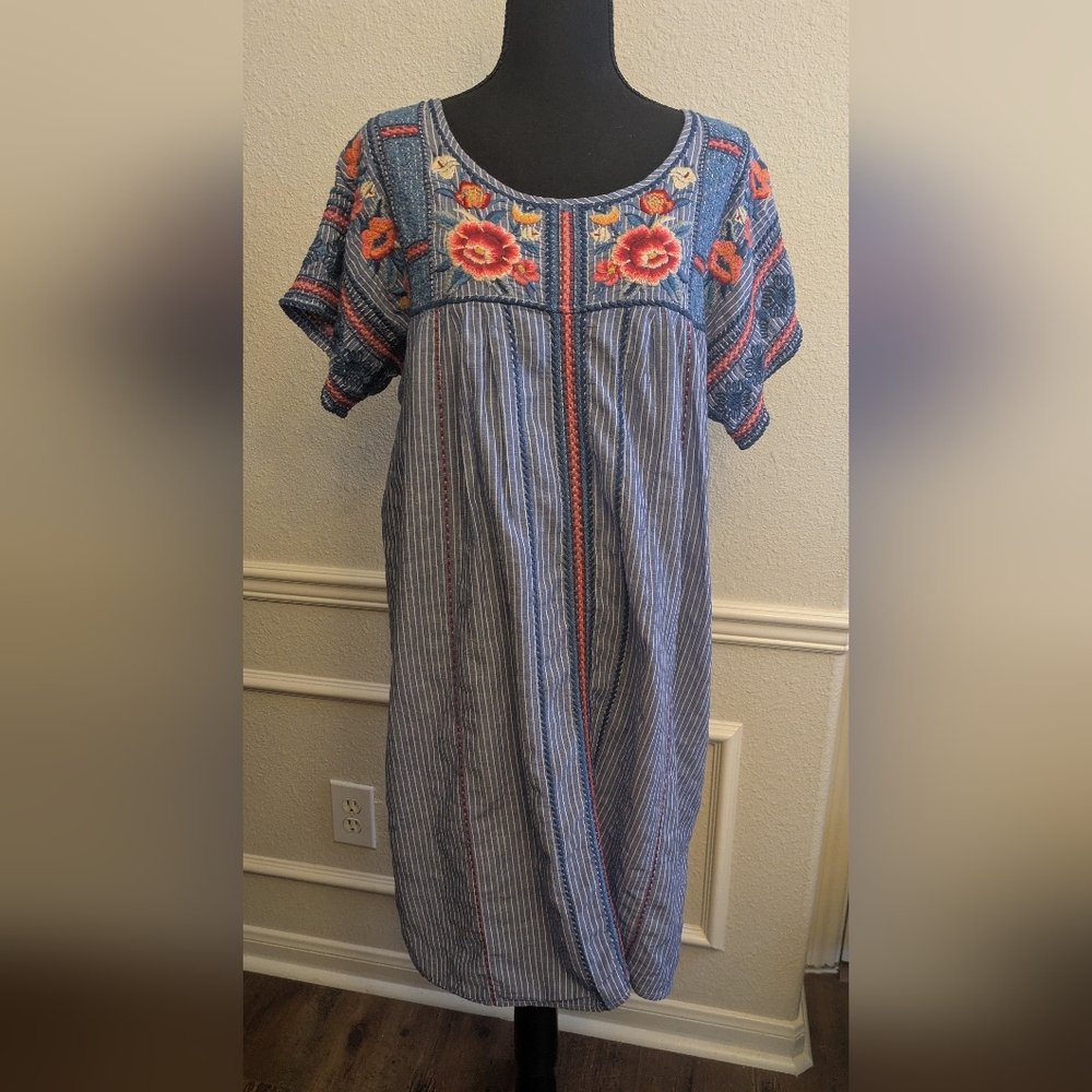Johnny Was Blue and Red Embroidered Dress Pre-loved